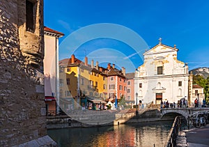 Saint François de Sales Church in the evening, in Annecy on the banks of the Thioule, in Haute Savoie, France