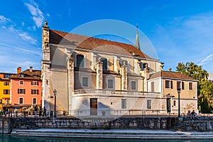 Saint François de Sales Church in the evening, in Annecy on the banks of the Thioule, in Haute Savoie, France