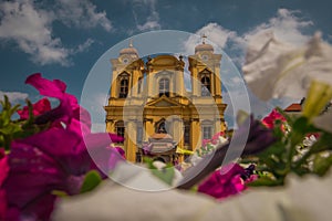 Saint George cathedral in the centre of Timisoara in Romania known also as the Dome on Plata Unirii on a warm summer day with blue