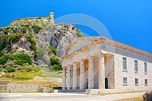Saint George church temple and light house on stone rock. Corfu island Kerkyra. Greece holidays vacations famous tours Mediterrane