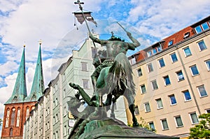 Saint George Fighting the Dragon Statue in Nikolai Quarter of Berlin, Germany