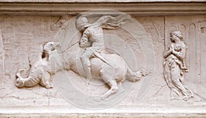 Saint George freeing the Princess, marble, Donato di NiccolÃ² di Betto Bardi known as Donatello, Orsanmichele Church in Florence