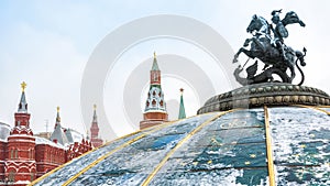 Saint George statue on the Manege or Manezhnaya Square near Moscow Kremlin in winter, Russia