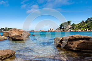 Saint Guirec bay beach. Pink granite coast, Perros Guirec, Brittany, France.