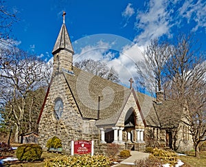 Saint Helena\'s Chapel Romanesque Revival brick and stone chapel in early Spring