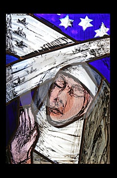 Saint Hildegard of Bingen, stained glass window in Benediktbeuern Abbey, Germany