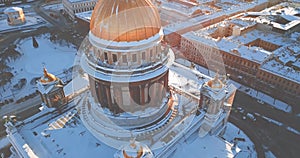 Saint Isaac`s Cathedral, Isaakievskiy Sobor from bird view. Ancient temple, architecture in the winter city. 4K Drone