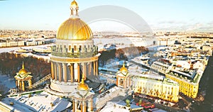 Saint Isaac`s Cathedral, Isaakievskiy Sobor from bird view. Ancient temple, architecture in the winter city. 4K Drone