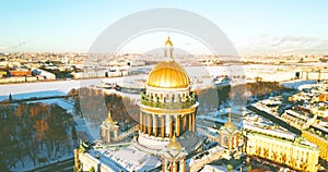 Saint Isaac`s Cathedral, Isaakievskiy Sobor from bird view. Ancient temple, architecture in the winter city. 4K Drone