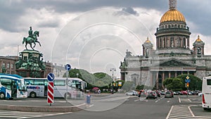 Saint Isaac's Cathedral and the Monument to Emperor Nicholas I timelapse, St. Petersburg, Russia