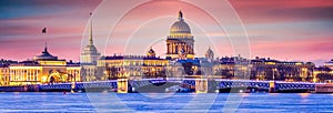 Saint Isaac`s Cathedral, Panorama of St. Petersburg at the summer sunset, Russia is the largest Russian Orthodox cathedral, St.