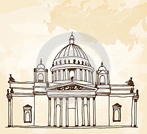 Saint Isaac`s Cathedral Sobor in Saint Petersburg, Russia drawing on a beige background photo