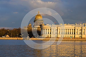 Saint Isaacs Cathedral and the Constitutional Court building on a evening. Saint-Petersburg, Russia