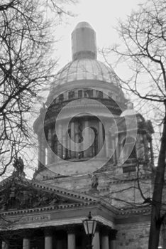 Saint Isaacs cathedral in Saint-Petersburg, Russia. Black and white soft focus photo