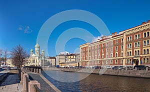 Saint Isidor`s Church on Griboyedov channel in St. Petersburg