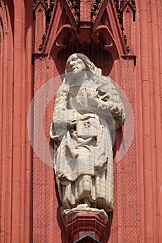 Saint James the Less statue on the portal of the Marienkapelle in Wurzburg, Bavaria, Germany