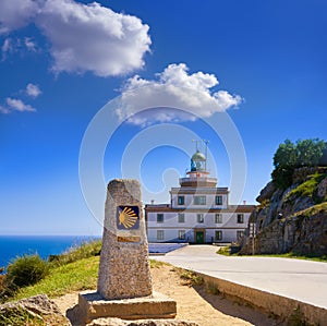 Saint James Way sign and lighthouse of Finisterre