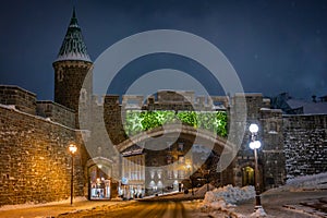 Saint-Jean Gate, Christmas winter holidays decorations, Old Quebec City, Canada