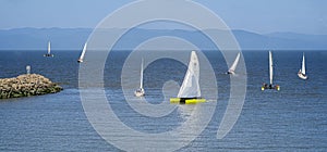 Sails boats on the Saint Lawrence seaway in Saint-Jean Port-Joly, Quebec