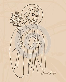 Saint Joseph the Betrothed. Holy Forefather with blooming lily. Vector illustration. Hand drawn outline for decoration