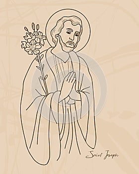 Saint Joseph the Betrothed. Holy Forefather with blooming lily. Vector illustration. Hand drawn outline for decoration photo