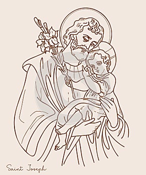 Saint Joseph the Betrothed. Icon Holy Forefather with Jesus Christ and blooming lily. Vector illustration. Hand drawn