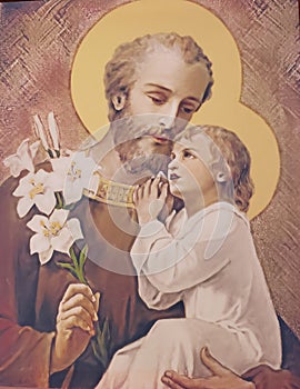 Saint Joseph & Child Jesus, Vintage Illustratian