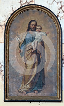 Saint Joseph holding child Jesus, altarpiece in the church of the Saint Maximilian in Posavski Bregi, Croatia