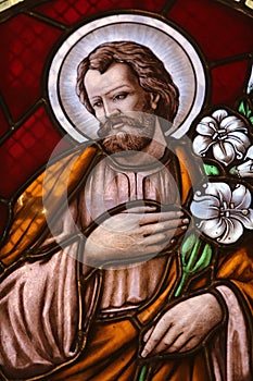 Saint Joseph, stained glass window in Basilica Assumption of the Virgin Mary in Marija Bistrica, Croatia