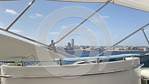 Saint Julians cityscape view from the yacht. Malta lucury vacation. Yachting, ship ownership early retirement concept