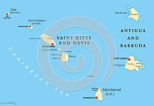 Saint Kitts, Nevis, Antigua, Barbuda and Montserrat political map