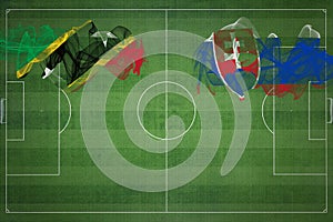 Svätý Krištof a Nevis vs slovensko futbalový zápas, národné farby, národné vlajky, futbalové ihrisko, futbalový zápas, kopírovať priestor