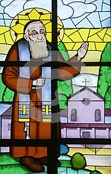 Saint Leopold Mandic, stained glass window at Our Lady of Miracles Church in Ostarije in Croatia