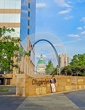 Saint Louis, MO USA - Saint Louis City Garden Entrance with Saint Louis Arch and Old Courthouse in Background