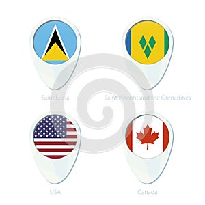 Saint Lucia, Saint Vincent and the Grenadines, USA, Canada flag location map pin icon