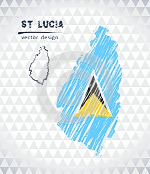 Saint Lucia vector map with flag inside isolated on a white background. Sketch chalk hand drawn illustration