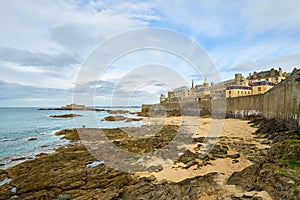 Saint Malo beach, Fort National and rocks during Low Tide. Britt