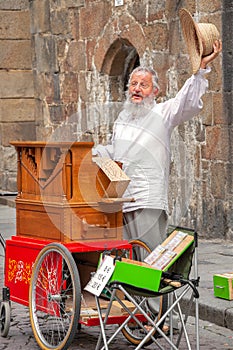 An old man with long white bread plays his street organ.