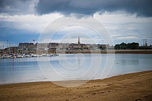 Saint Malo old town seen from Les bas Sablon beach in the picturesque Brittany, France