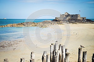 Saint Malo, view of Grand BÃ© Fort island from Eventail beach