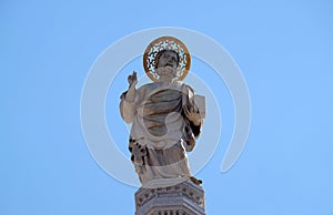 Saint Mark, marble statue, detail of the facade of the Saint Mark`s Basilica, Venice