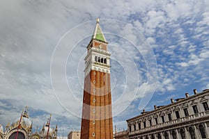 Saint Mark`s Campanile is the bell tower of St Mark`s Basilica in Venice, Italy, located in the Piazza San Marco.