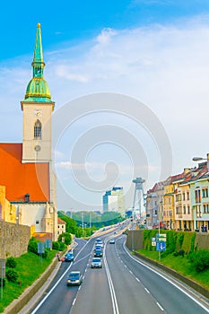 Saint martin cathedral, fortification and SNP bridge in Bratislava, Slovakia...IMAGE