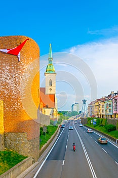 Saint martin cathedral, fortification and SNP bridge in Bratislava, Slovakia...IMAGE