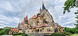 Saint Martin church in Neustadt, Dresden, Germany. Amazing architecture with high towers and red roof