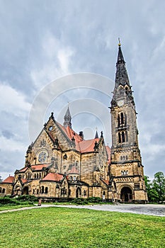 Saint Martin church in Neustadt, Dresden, Germany. Amazing architecture with high towers and red roof