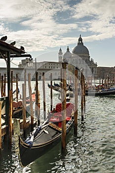 Saint Mary of Health church at Punta della Dogana and gondolas i