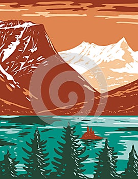 Saint Mary Lake in Glacier National Park located in Montana United States of America WPA Poster Art