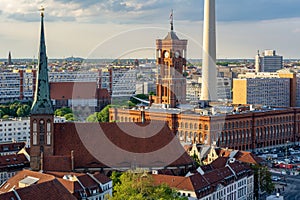 Saint Mary\'s church and Red Town Hall on Alexanderplatz square, Berlin, Germany