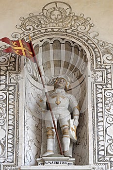 Saint Maurice statue on the facade of the church of St. Leodegar in Lucerne